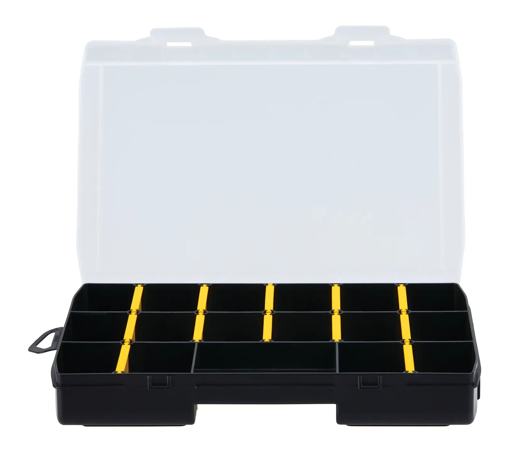 STANLEY STST14111 organizer box with open lid, black base, yellow dividers, front angle photo.