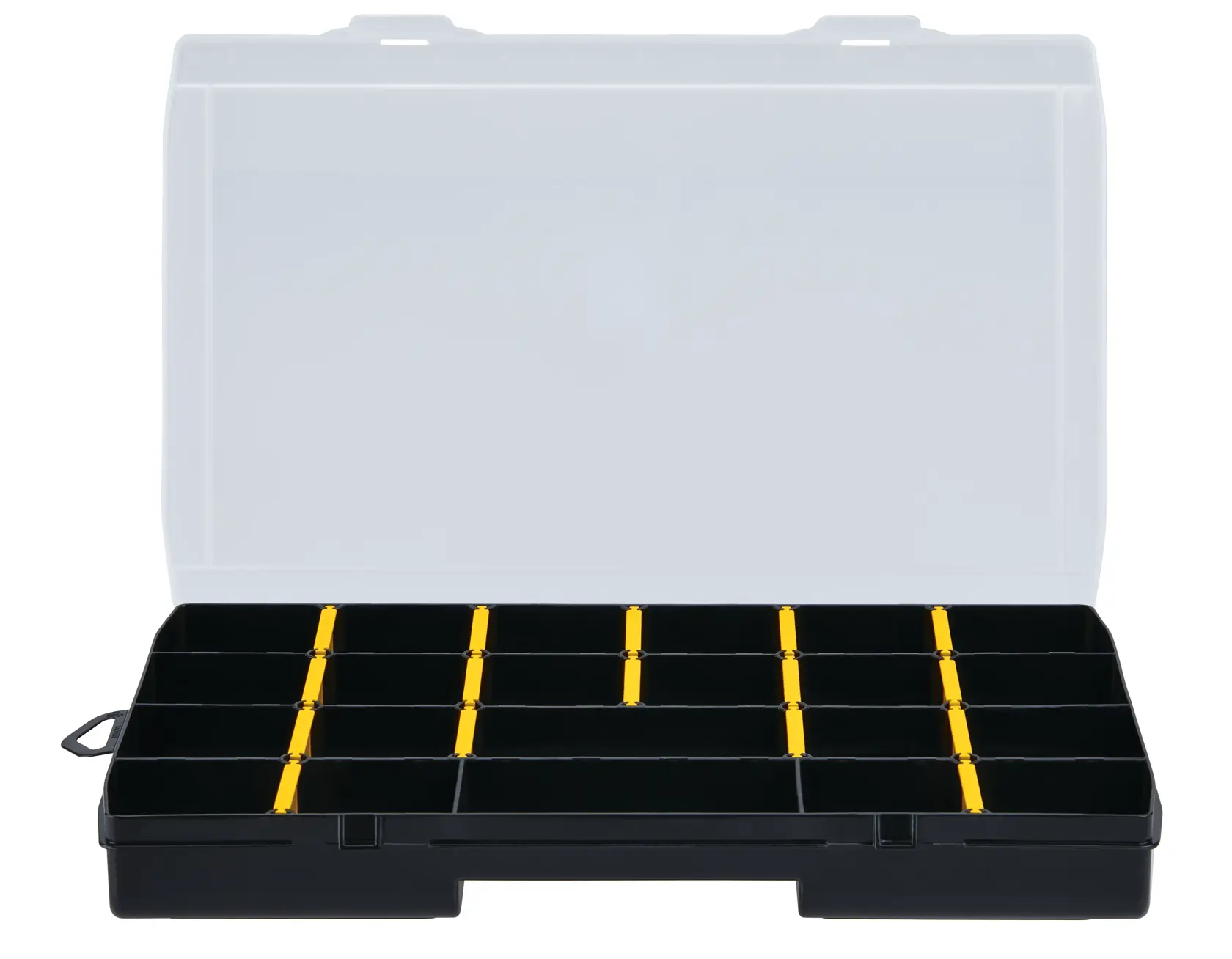 Stanley organizer, front view on white background, open lid showing black compartments with yellow dividers