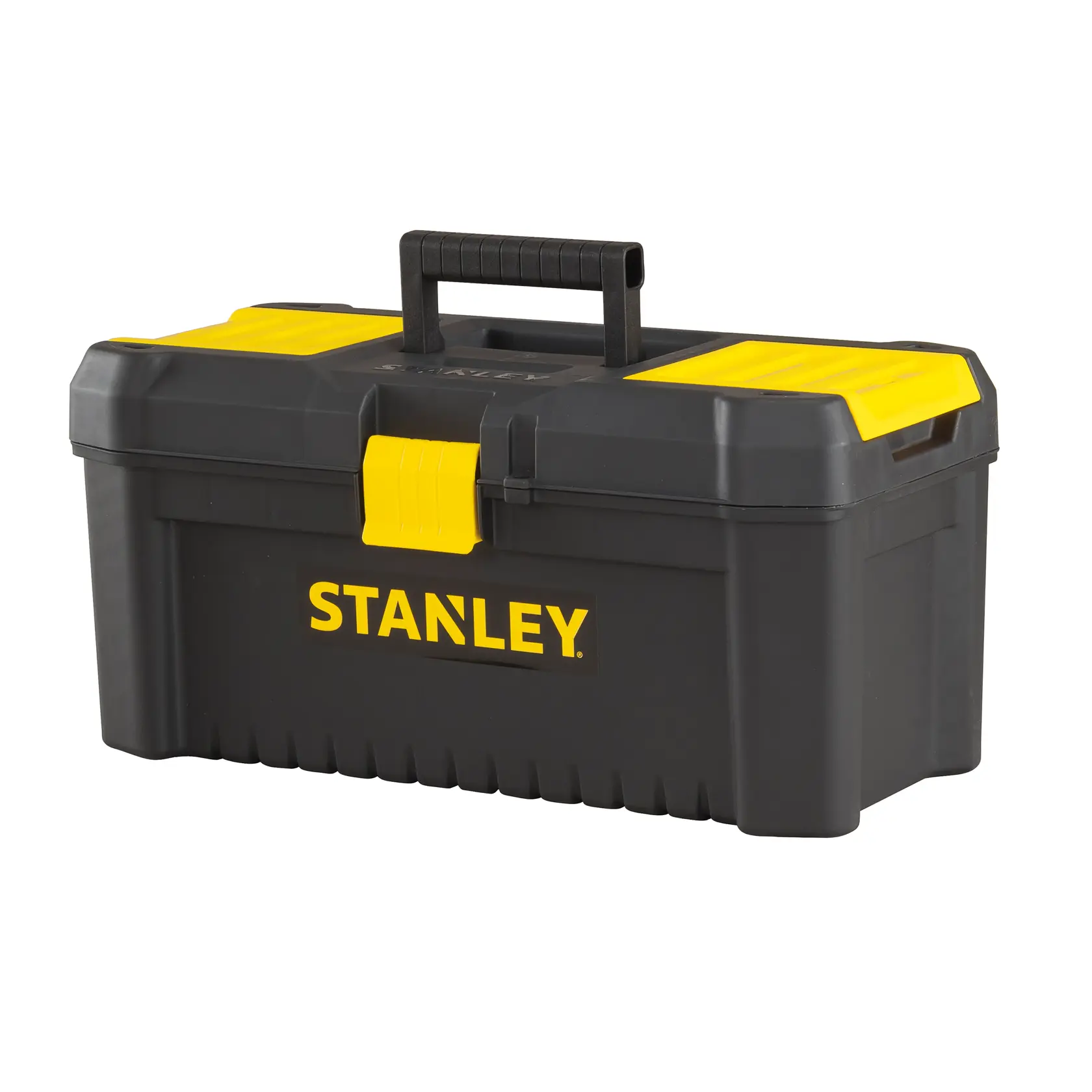 Stanley black and yellow plastic toolbox with handle, angled front view on white background