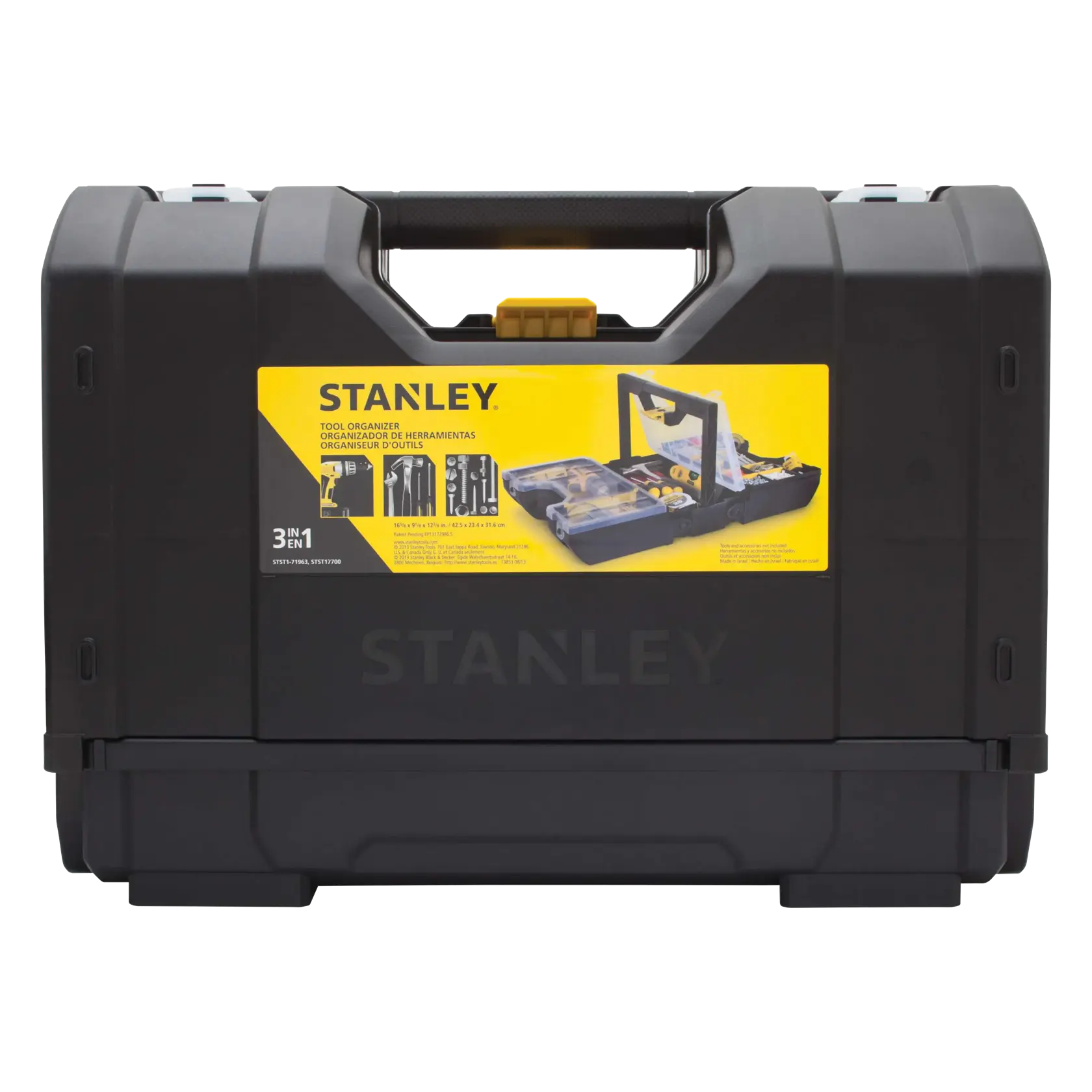 STANLEY black plastic tool organizer, front angle, with yellow label and carry handle
