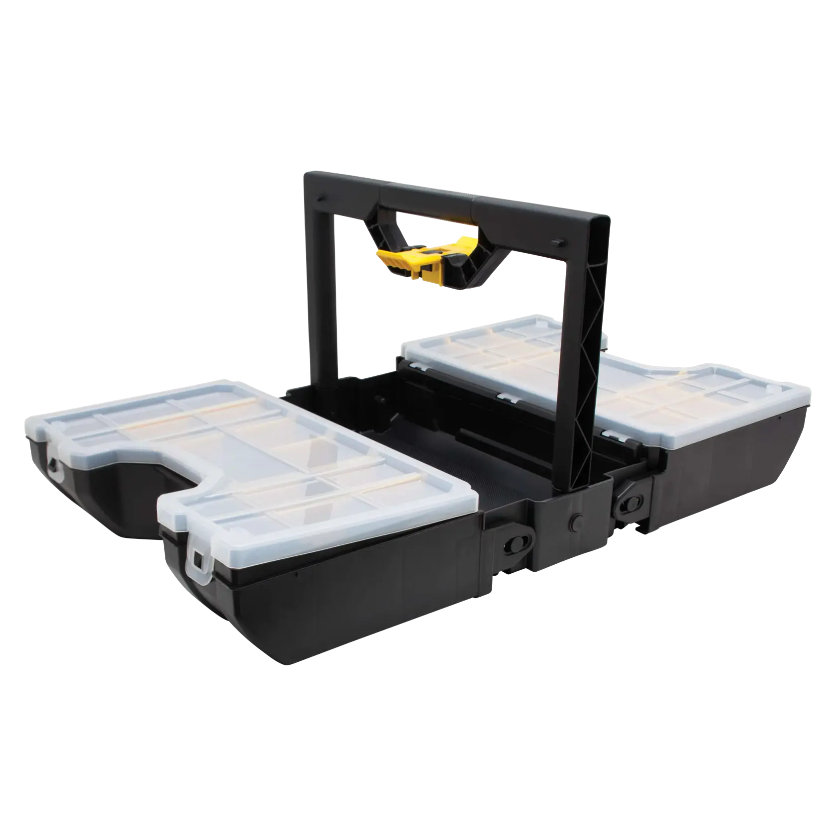 STANLEY STST17700 black plastic organizer box with open compartments and clear lids, front angle.
