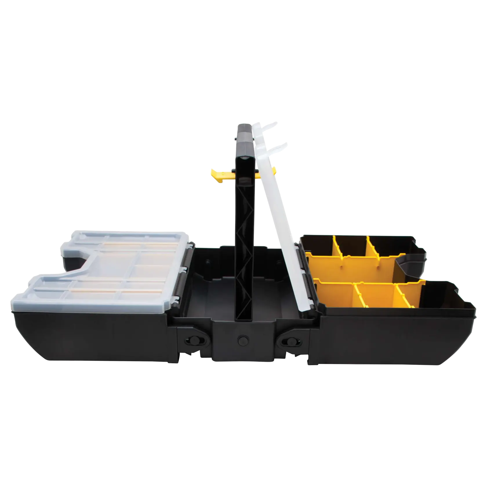 Stanley plastic tool organizer box with transparent lid and yellow compartment dividers, side view on white background