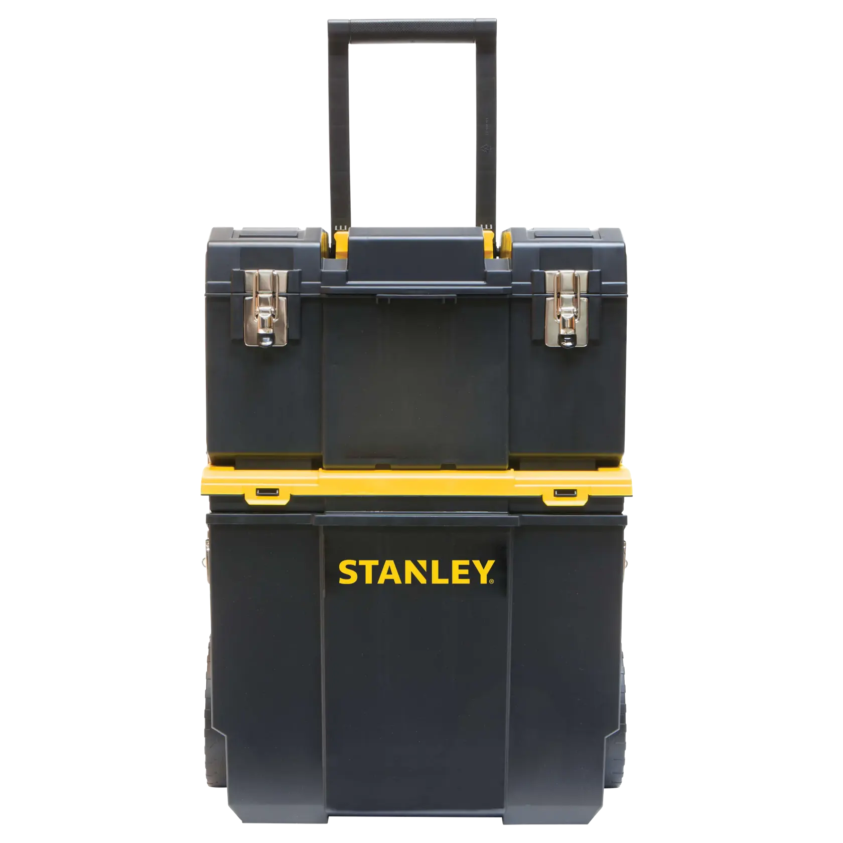 STANLEY STST18613 black and yellow rolling tool box with handle, front angle photography.