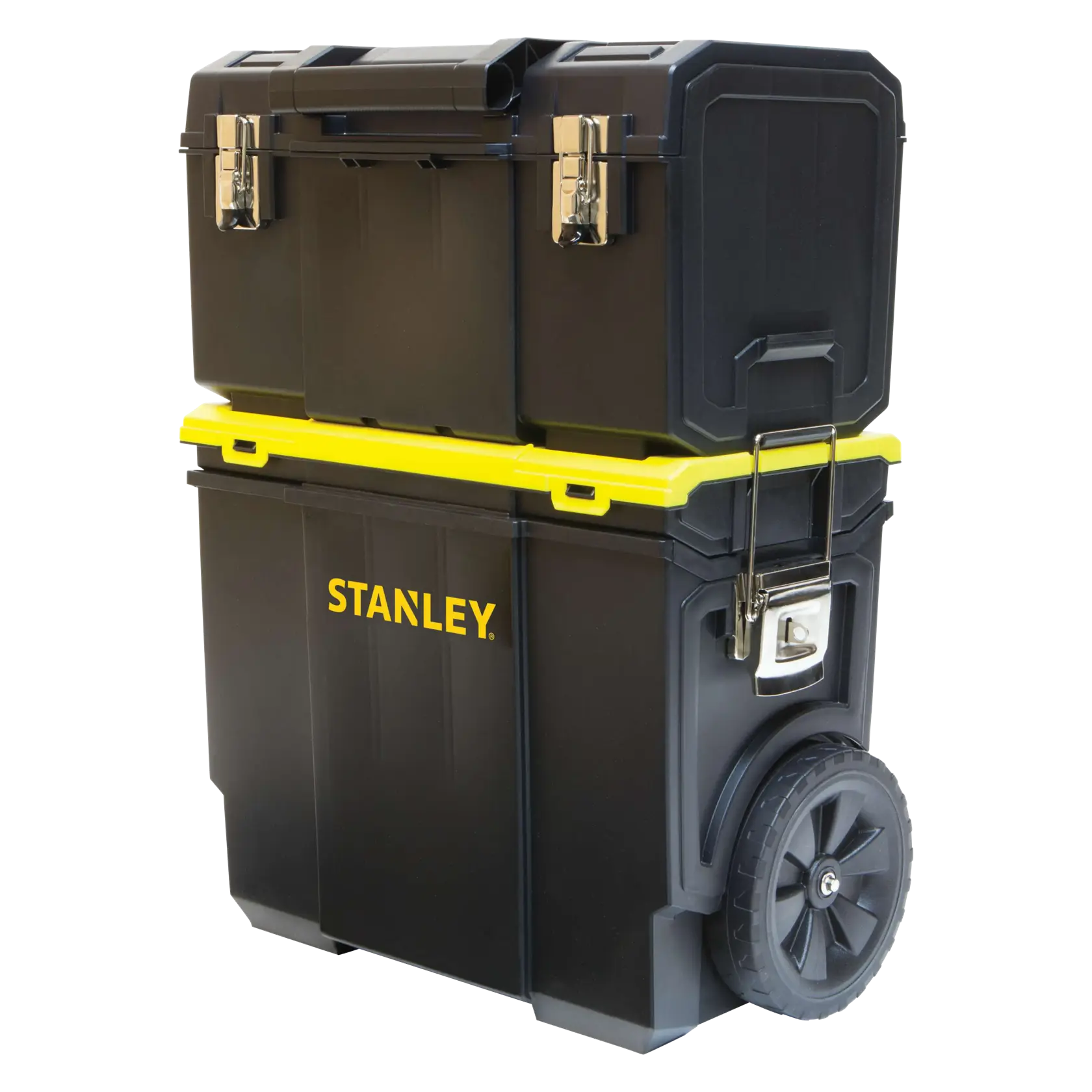 Photo of STANLEY STST18613 black and yellow rolling tool chest with two compartments and metal latches, angled view.