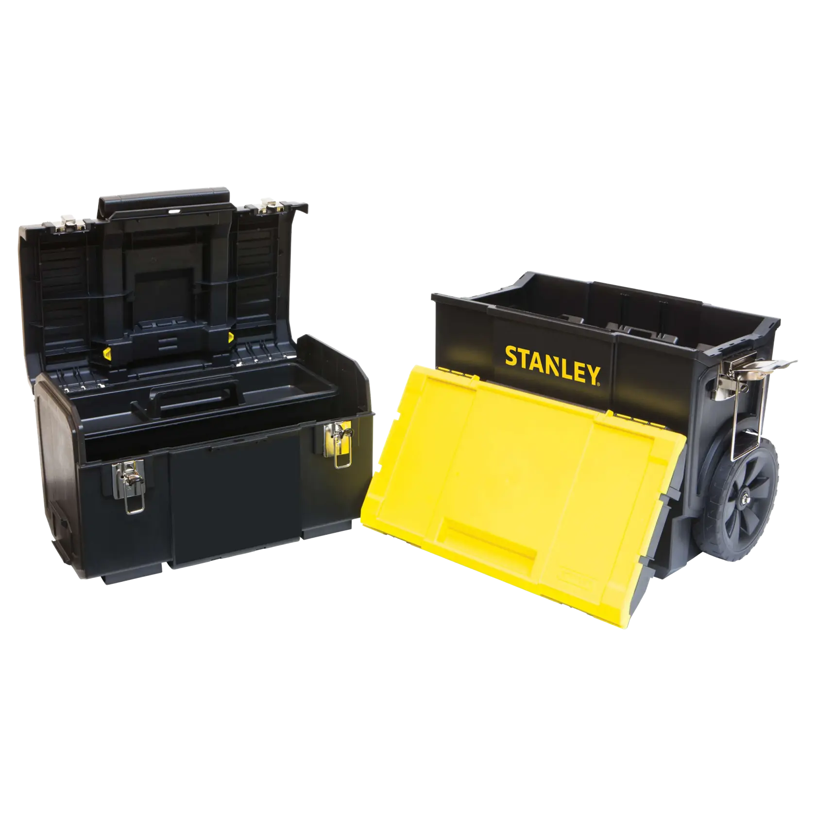 Stanley black and yellow rolling tool boxes, one open with compartments, one closed with large wheels, front angle