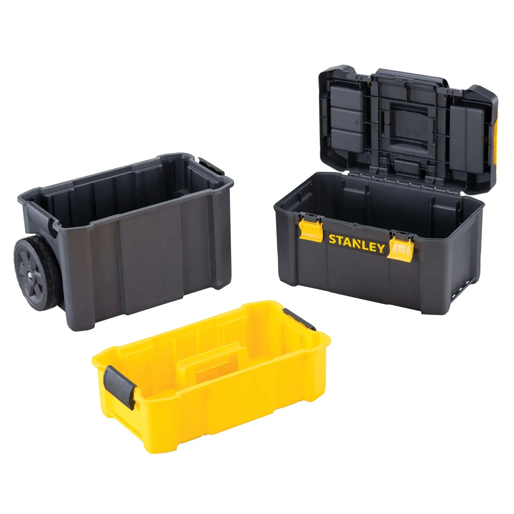 Stanley toolboxes set on white background, black wheeled tote, black box with open lid, yellow tray front angle