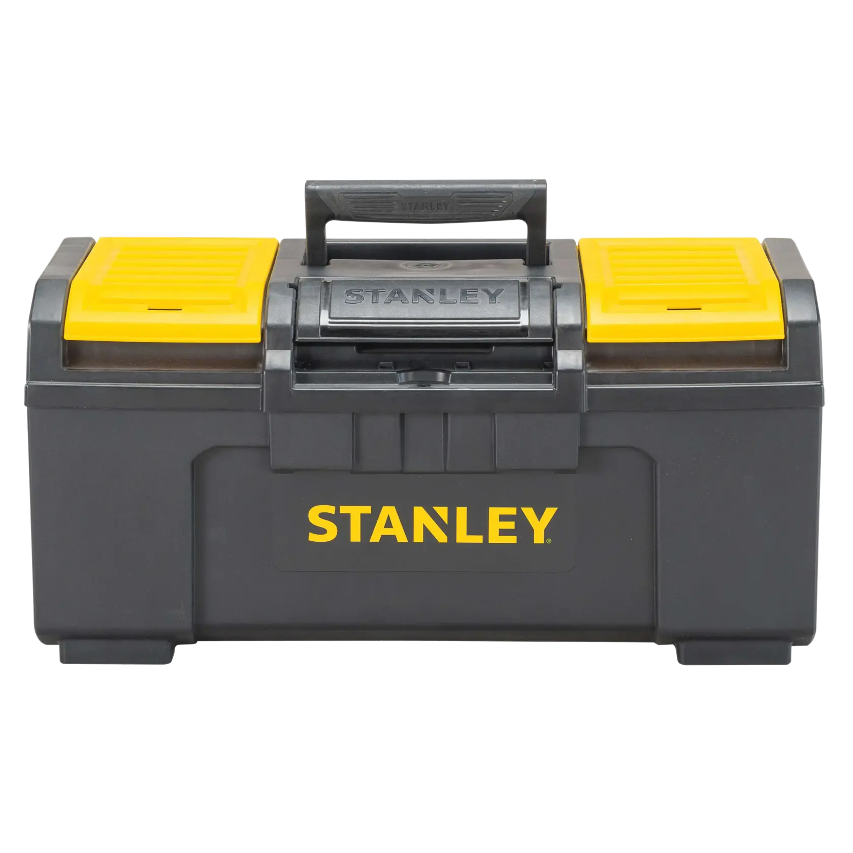 Front angle of STANLEY black toolbox with yellow compartments and black handle on white background