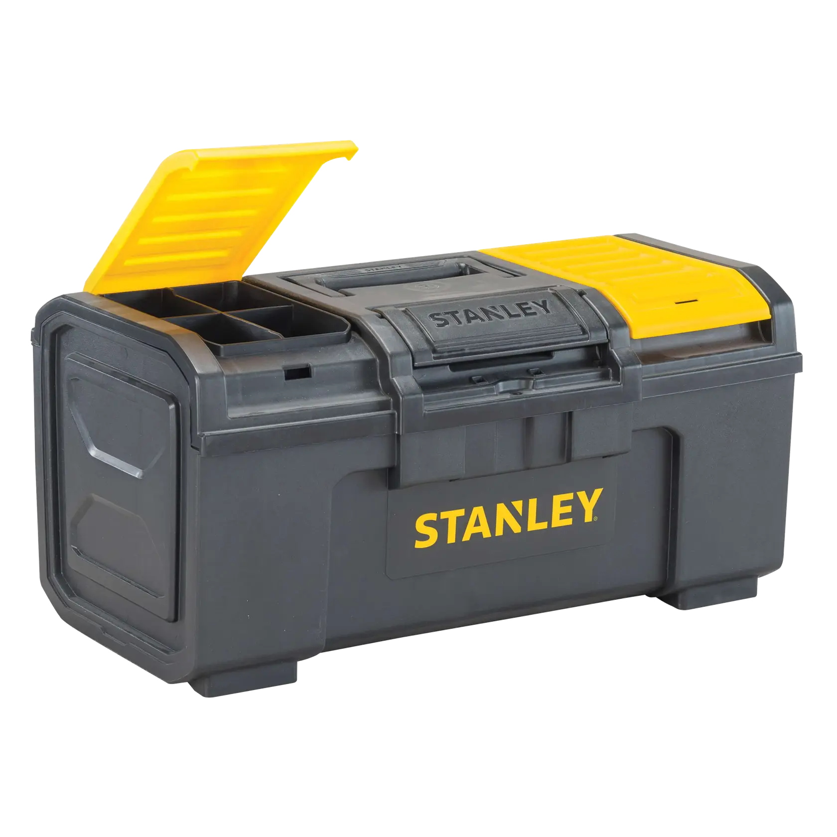 Stanley tool box angled view, black body with yellow lids, one lid open showing compartments