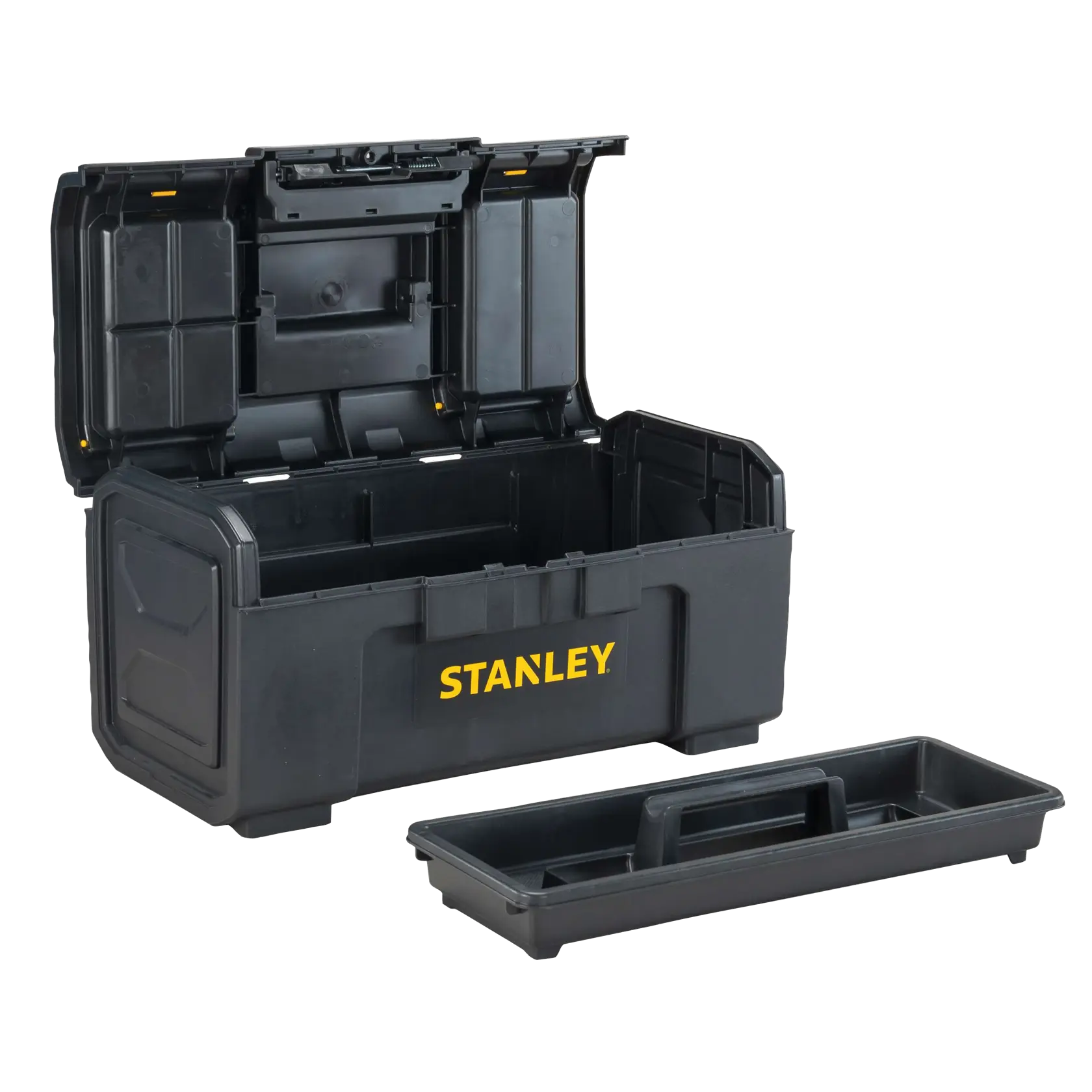 Stanley black toolbox with open lid, tray removed and placed in front, front angle on white background
