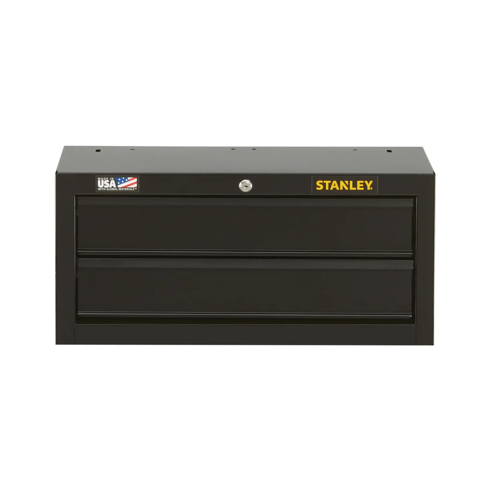Front view of STANLEY black two-drawer metal tool chest with lock and logo, white background.
