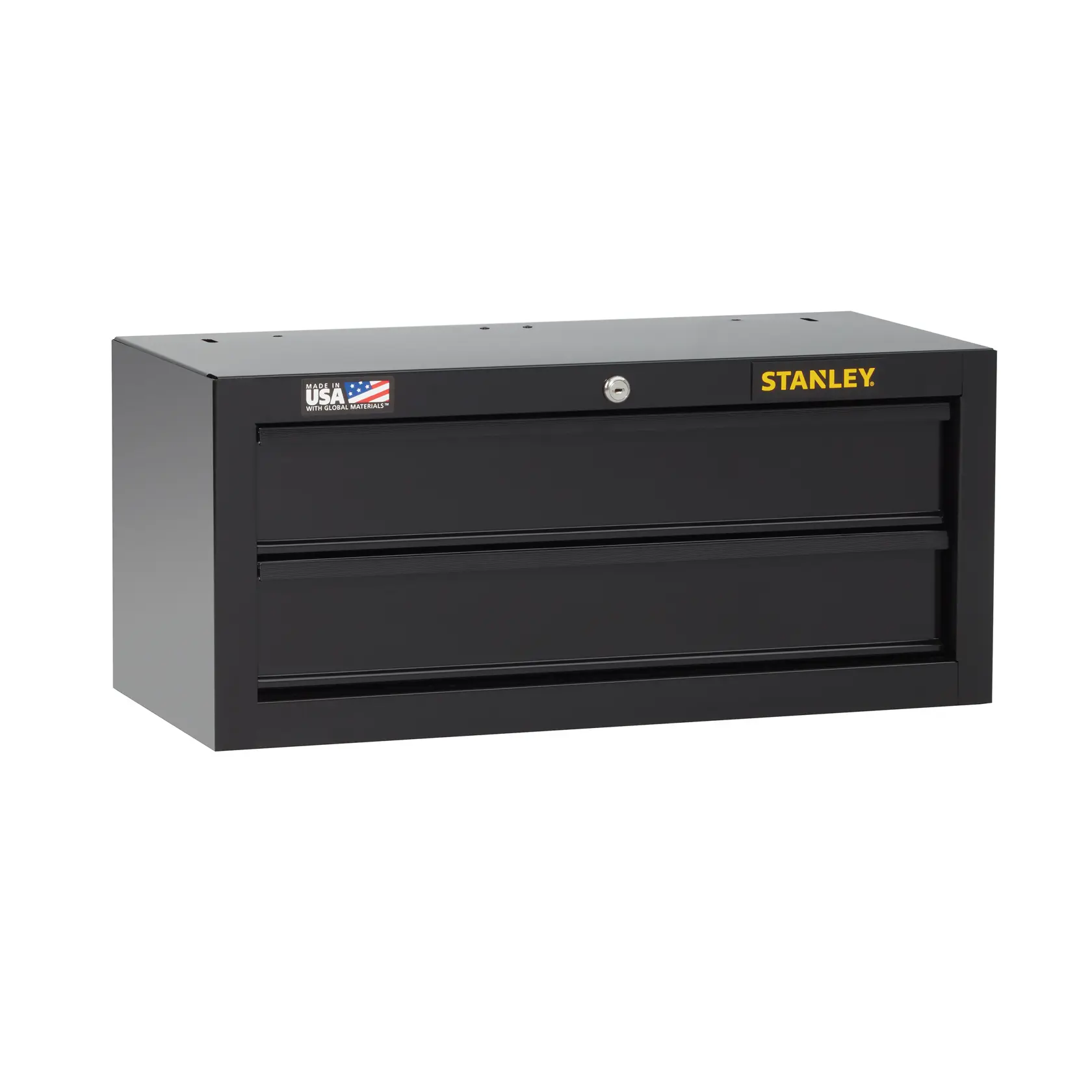 Stanley black metal wall-mounted tool chest with two drawers, front angled on white background.