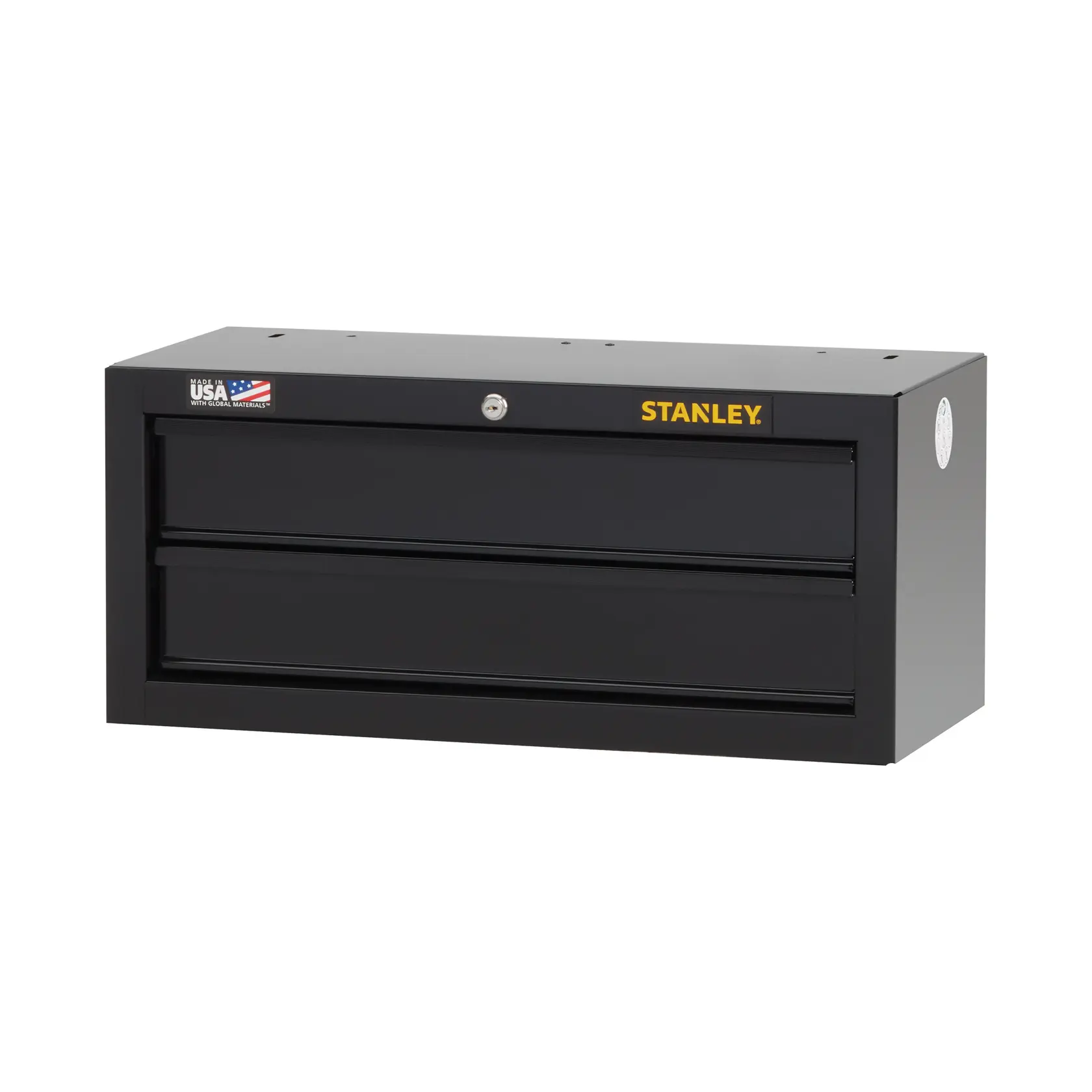 Stanley black steel tool chest front angle on white background, with two drawers and lock.