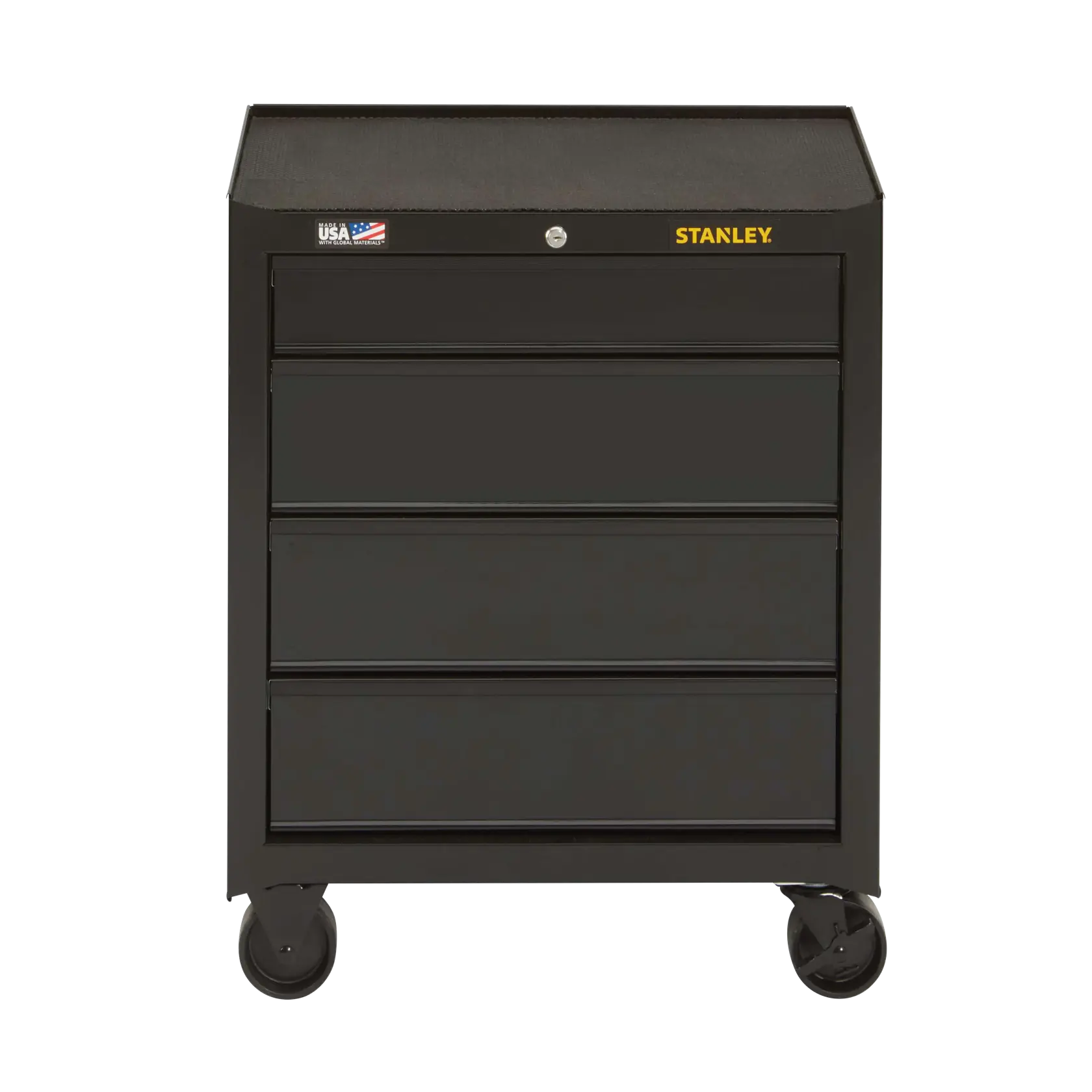 Stanley black rolling tool chest with four drawers, front angle, white background