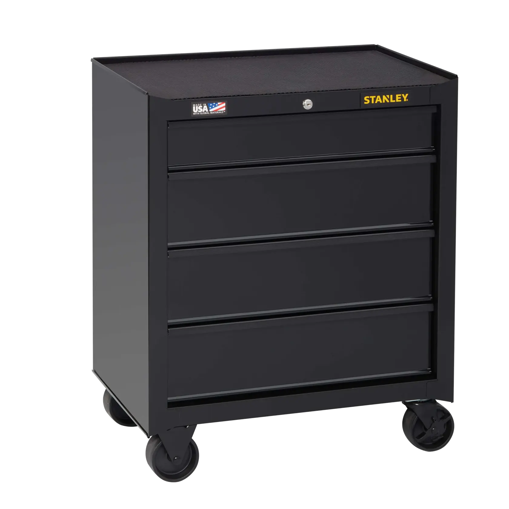 Front angle of STANLEY black metal rolling tool chest with four drawers and caster wheels on white background