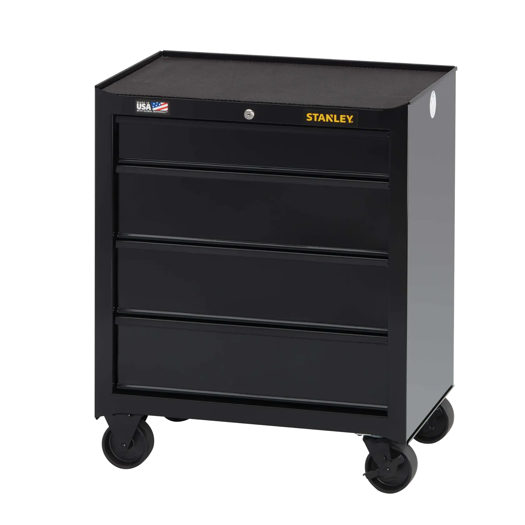 Stanley black metal tool chest with four drawers, caster wheels, front angle on white background