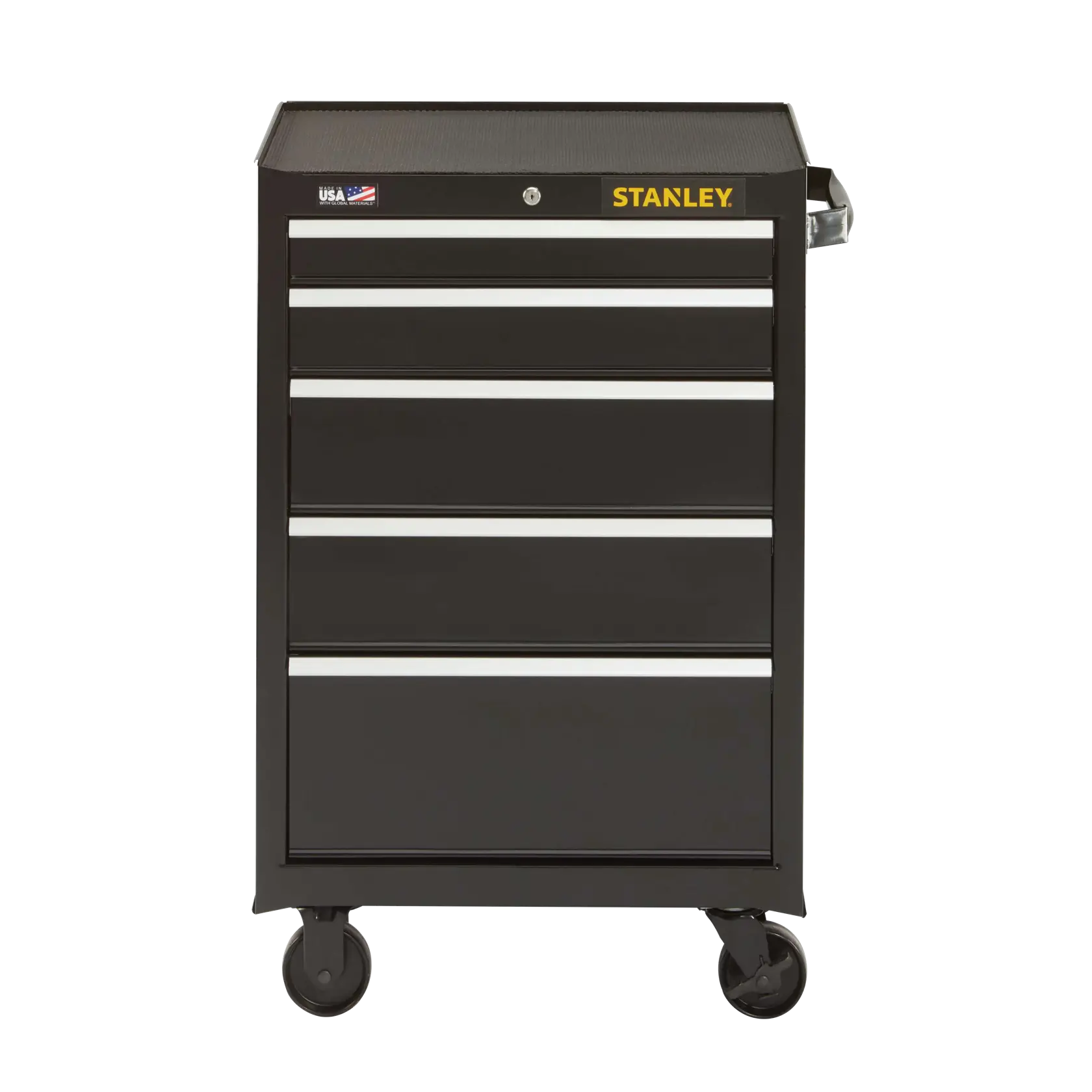 Stanley black rolling tool chest with five drawers, front angle, metal handles, white background