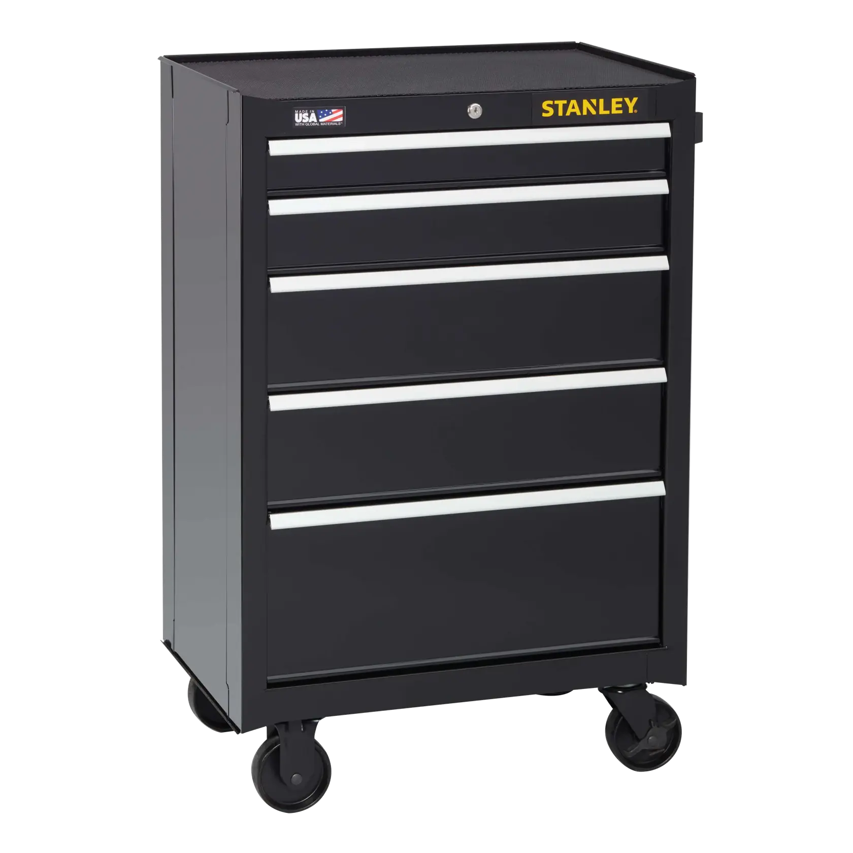 Stanley black rolling tool chest with five drawers, angled front view, white background