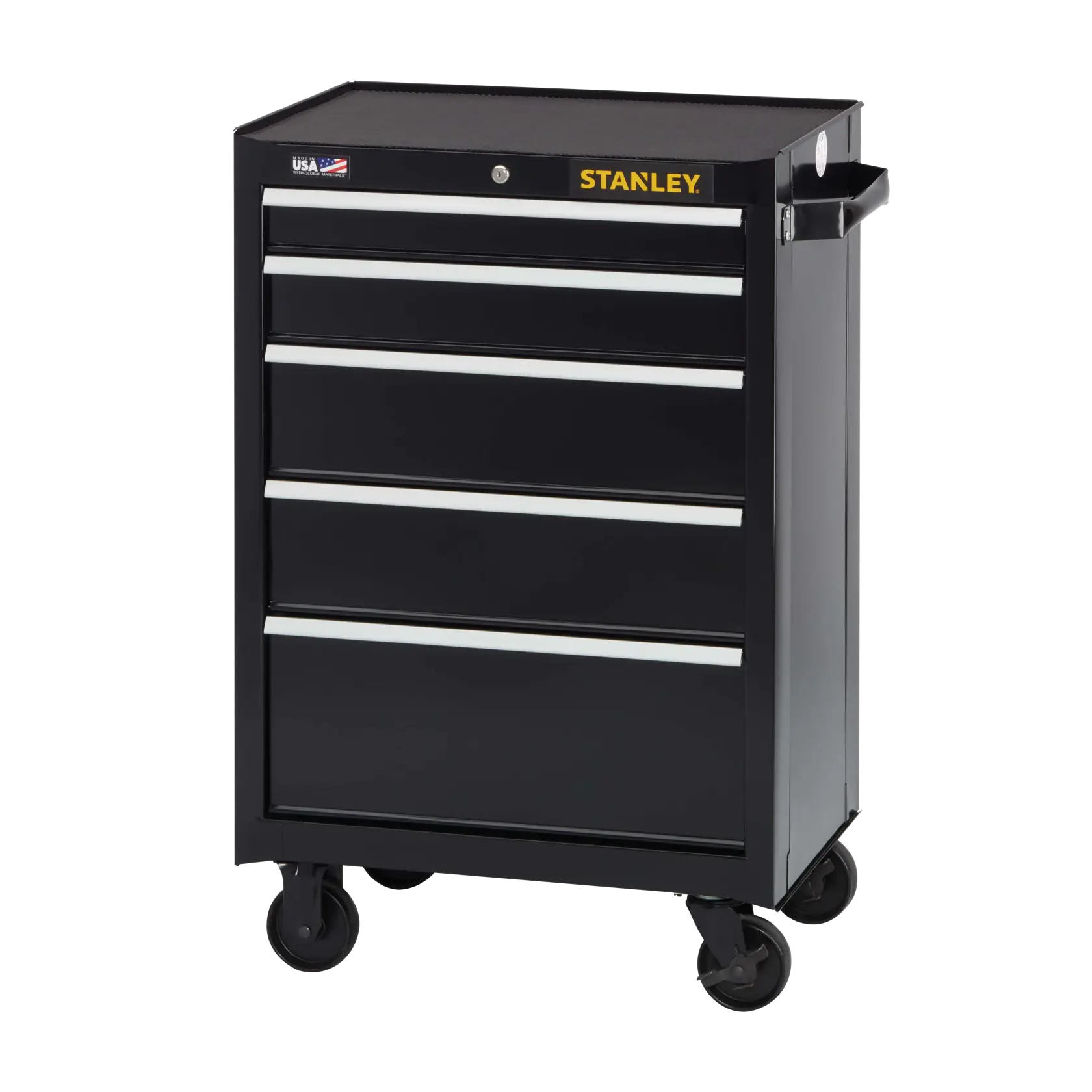 Stanley black metal tool chest with five drawers, caster wheels, angled front view on white background