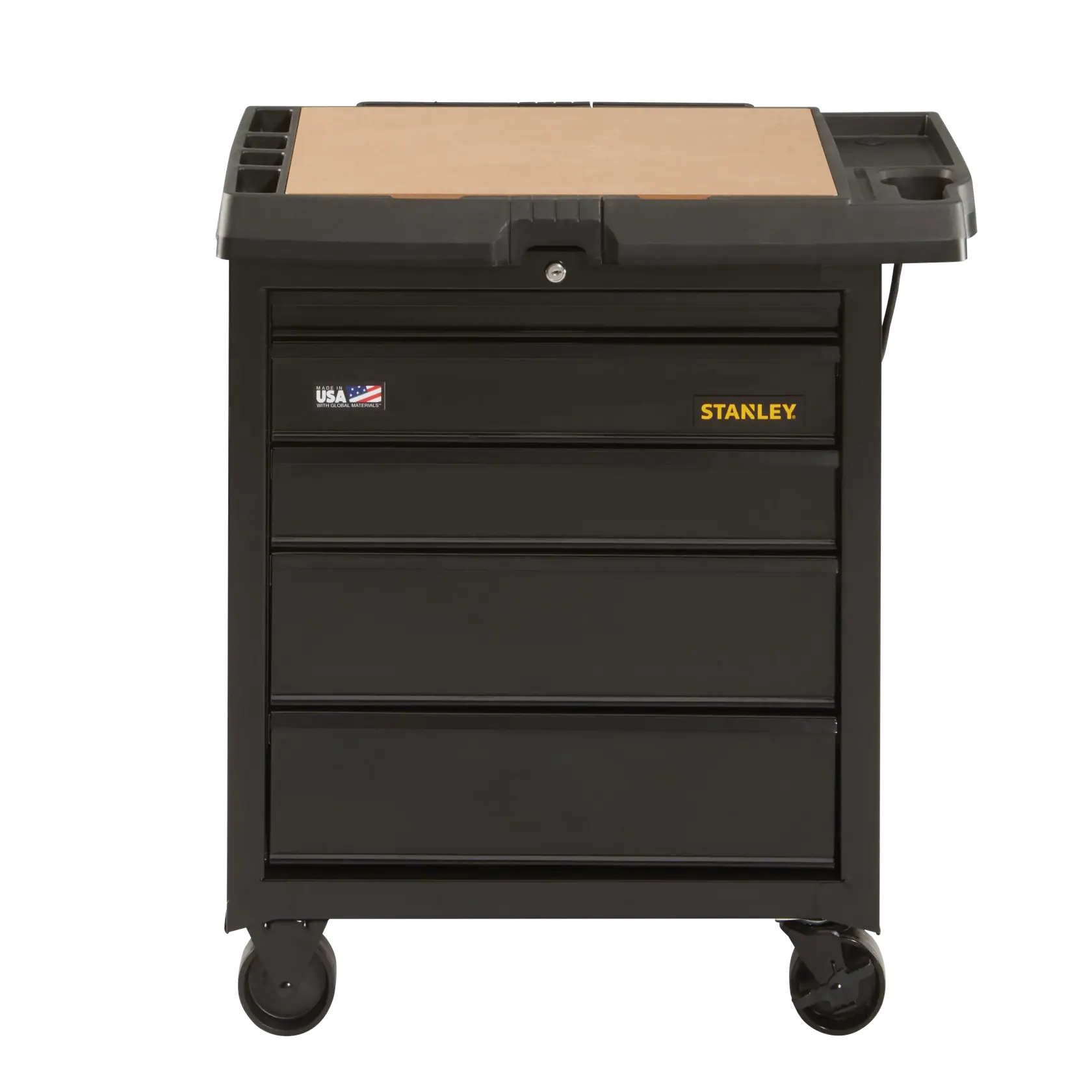 Stanley black rolling tool cabinet with four drawers, wood top, and lock, front view on white background