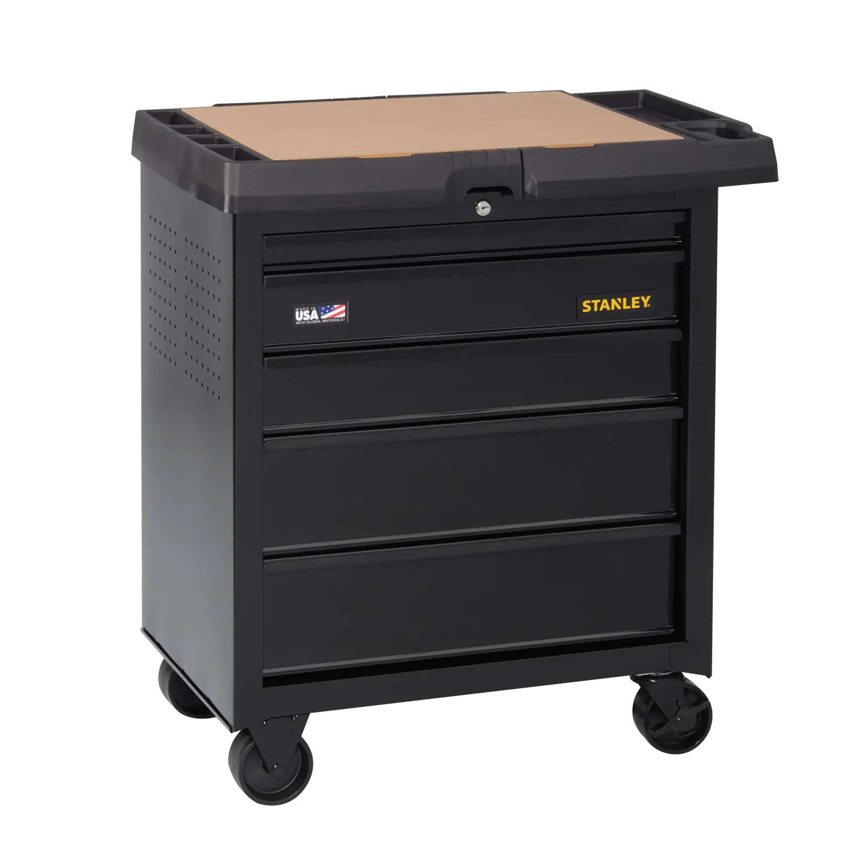 Stanley black rolling tool chest with four drawers, top tray, and lock, front angle on white background.