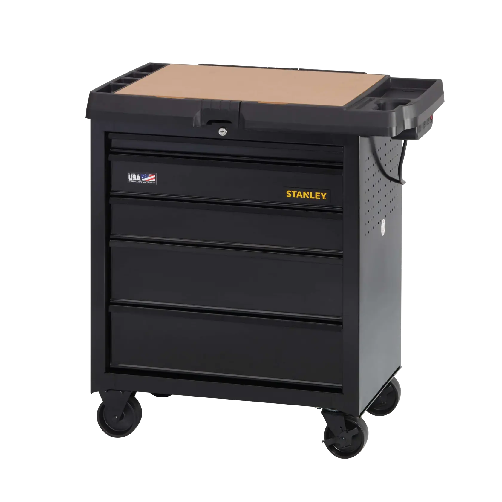 STANLEY black rolling tool chest with four drawers, wood top, side handle, and swivel casters, front angle.