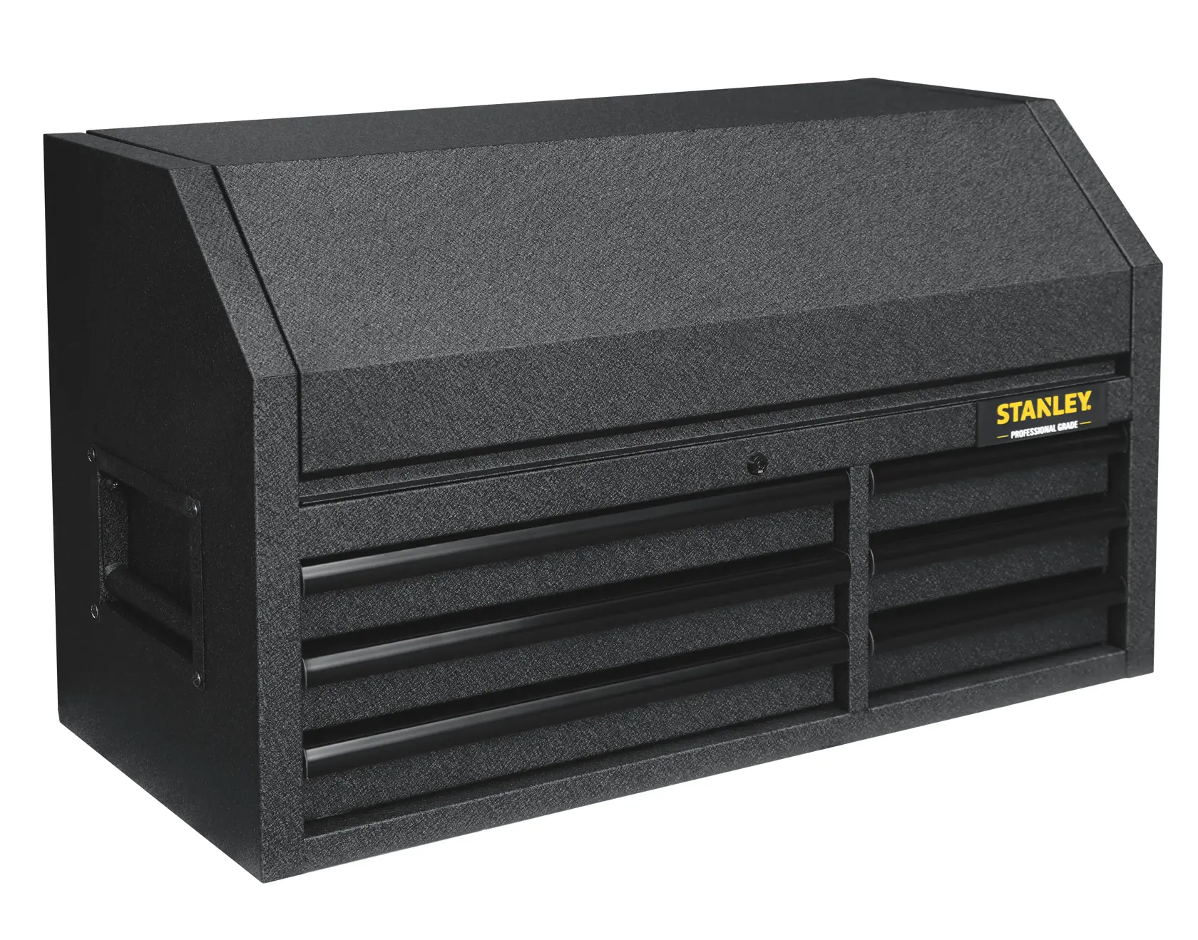 STANLEY STST24161BK black steel tool chest with drawers, front angle, photography.
