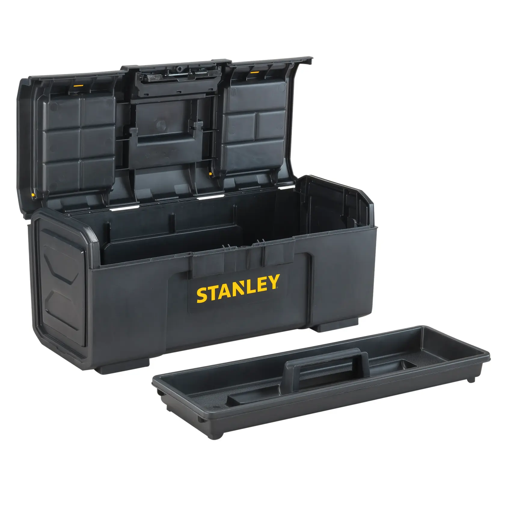 Front angle of STANLEY black plastic toolbox with open lid and removable tray on white background