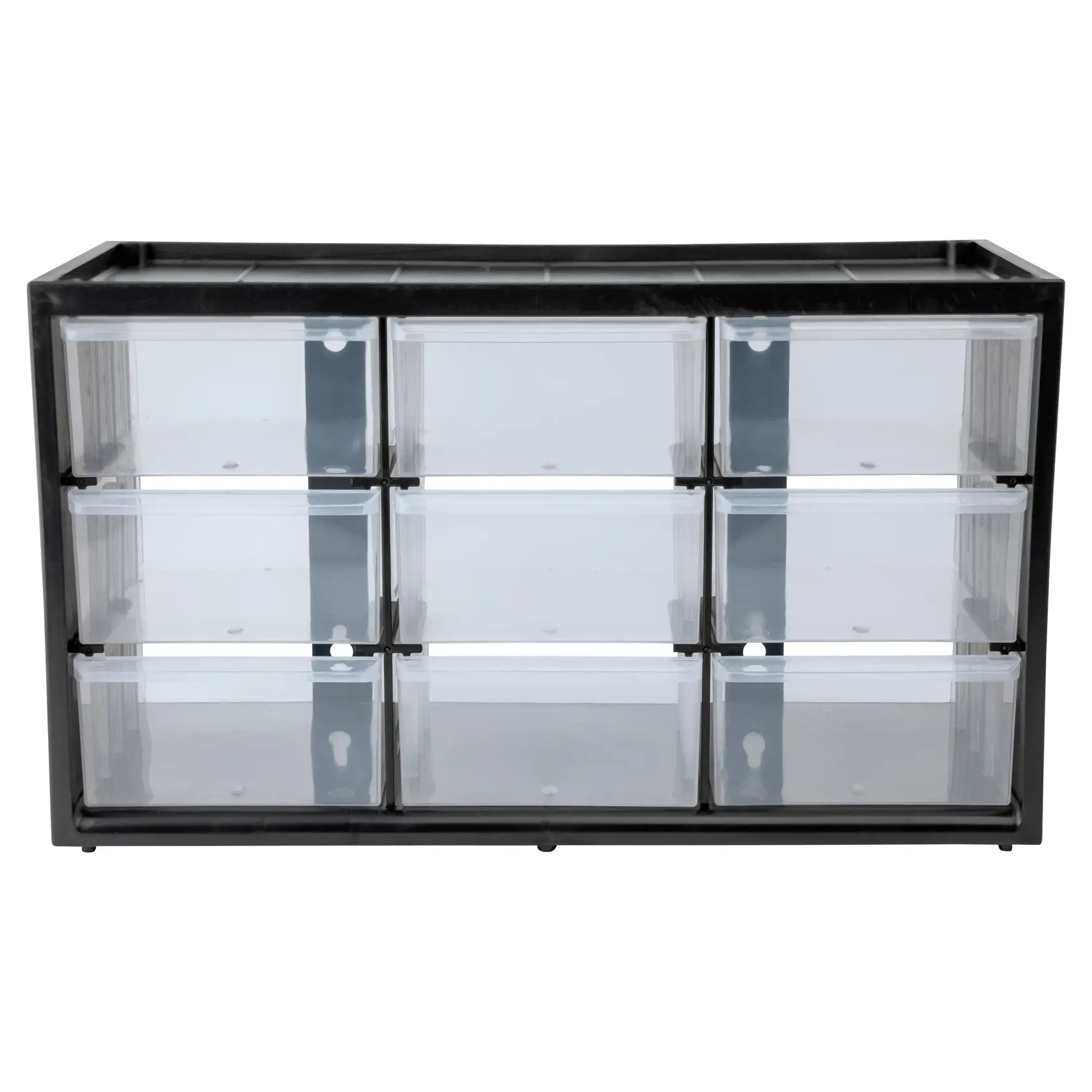 STANLEY STST40709 organizer with nine clear drawers in black plastic, front angle photo.