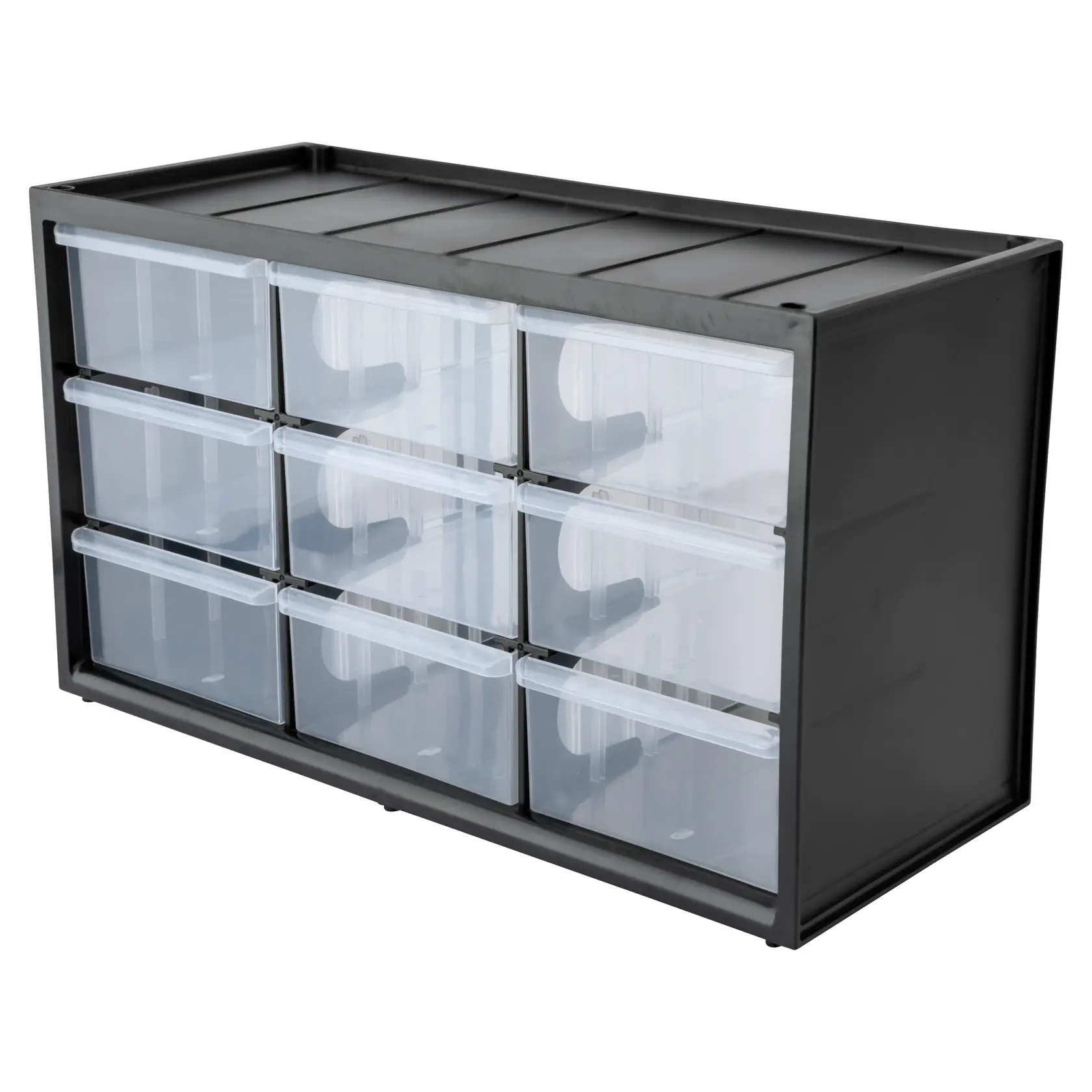 STANLEY STST40709 storage organizer with 9 clear drawers, black plastic, angled view.