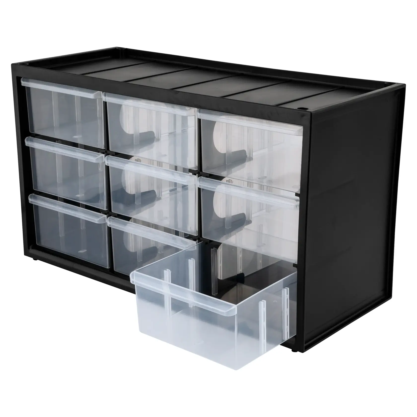 STANLEY STST40709 storage cabinet with 9 clear drawers, angled front view on white background.