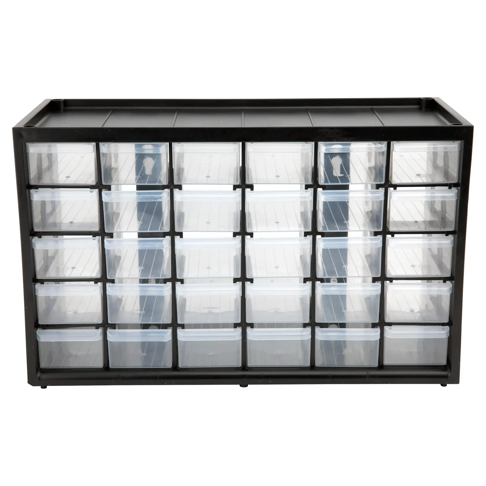 STANLEY STST40730 plastic organizer cabinet with 30 clear drawers, front angle, storage solution.