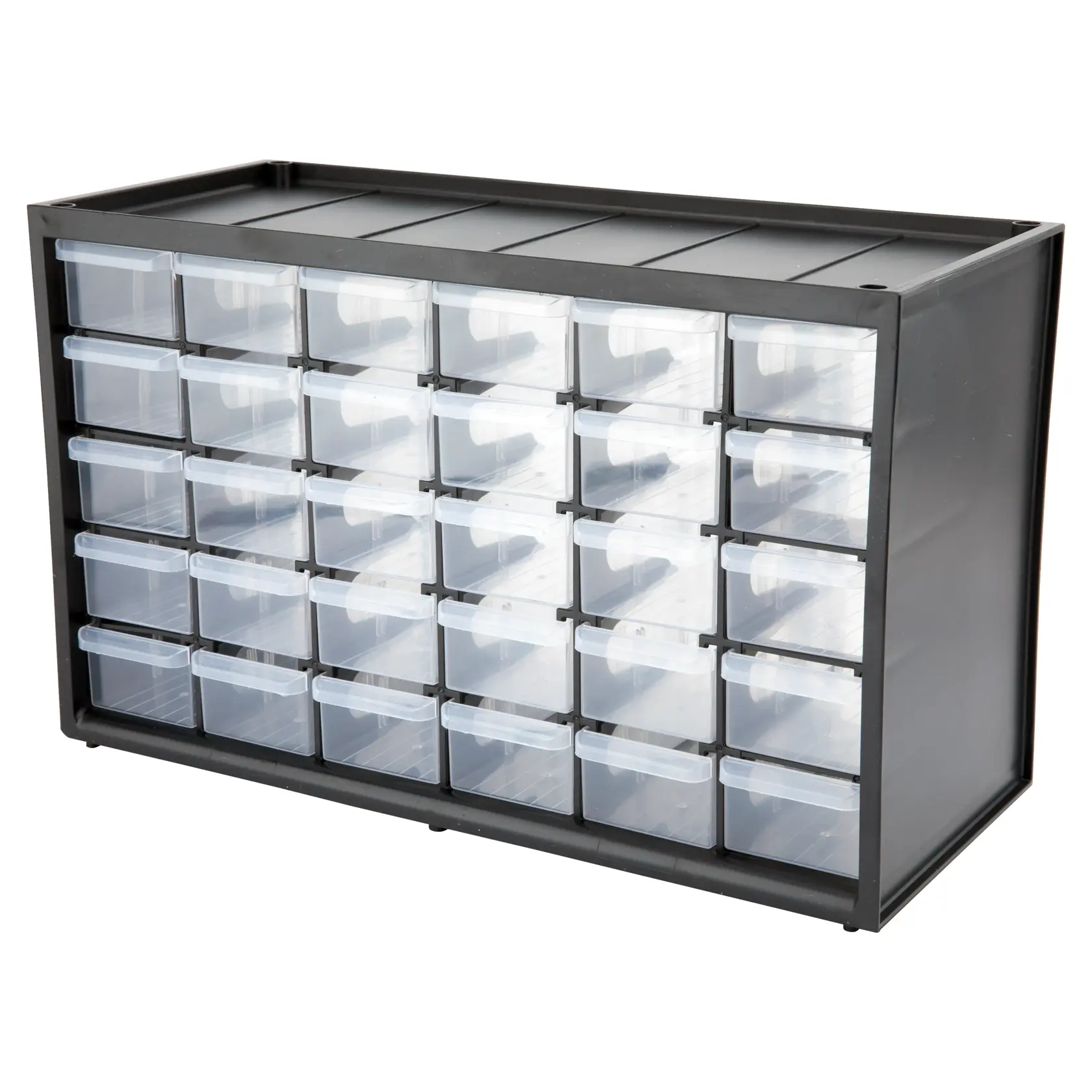 STANLEY STST40730 plastic storage cabinet with 30 clear drawers, angled front view.