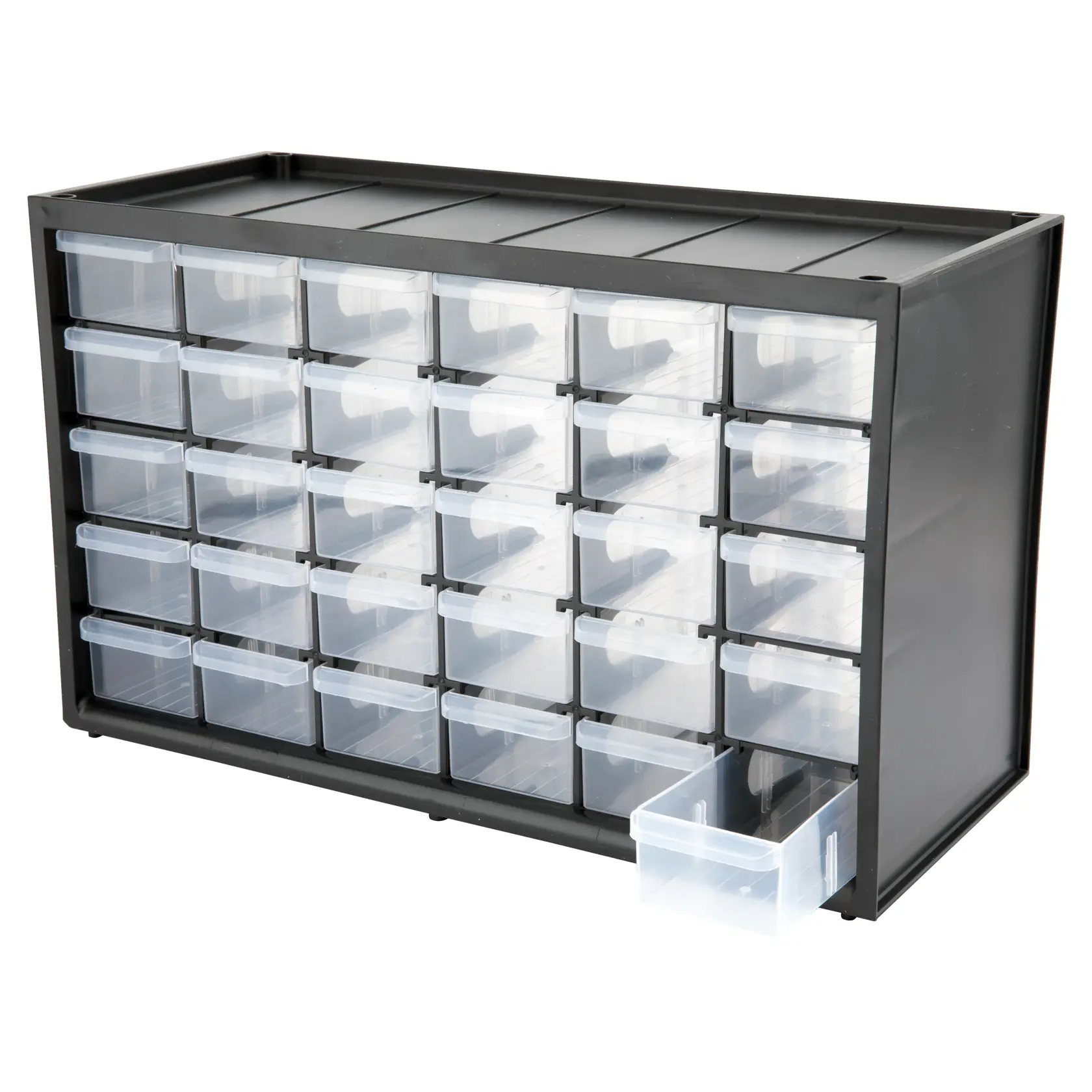 STANLEY STST40730 storage organizer with 30 clear plastic drawers, angled front view on white background.