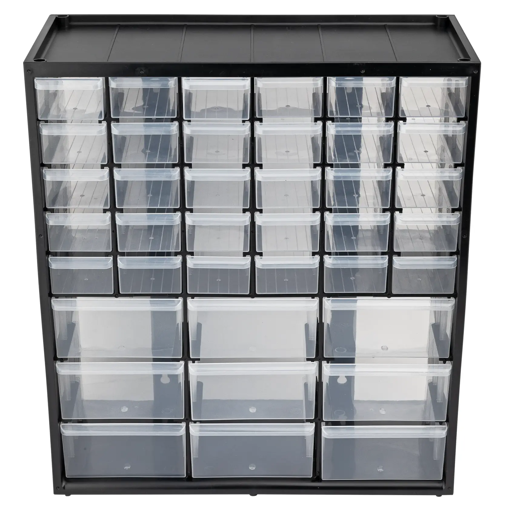 STANLEY STST40739 storage cabinet with 30 clear drawers, front angle, black frame, product photography.