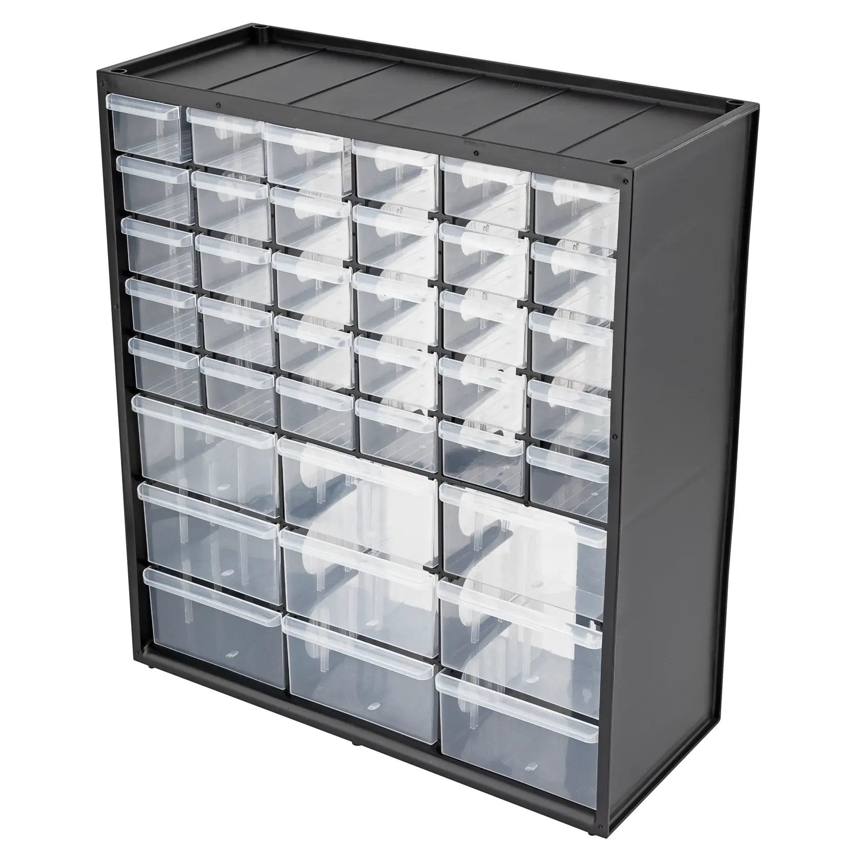 STANLEY STST40739 black plastic storage organizer with multiple clear drawers, angled on white background.