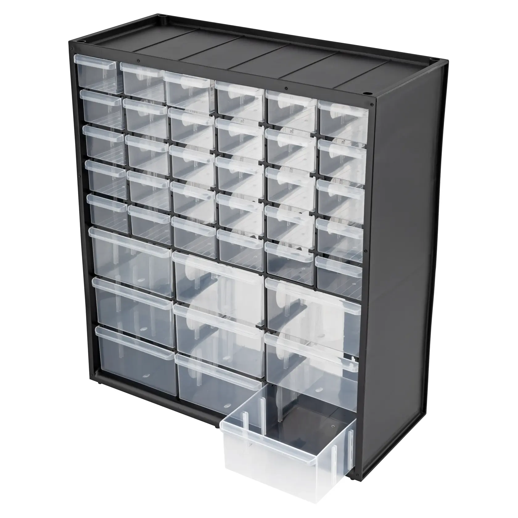 STANLEY STST40739 small parts organizer with clear plastic drawers, black frame, front angle, one drawer open.