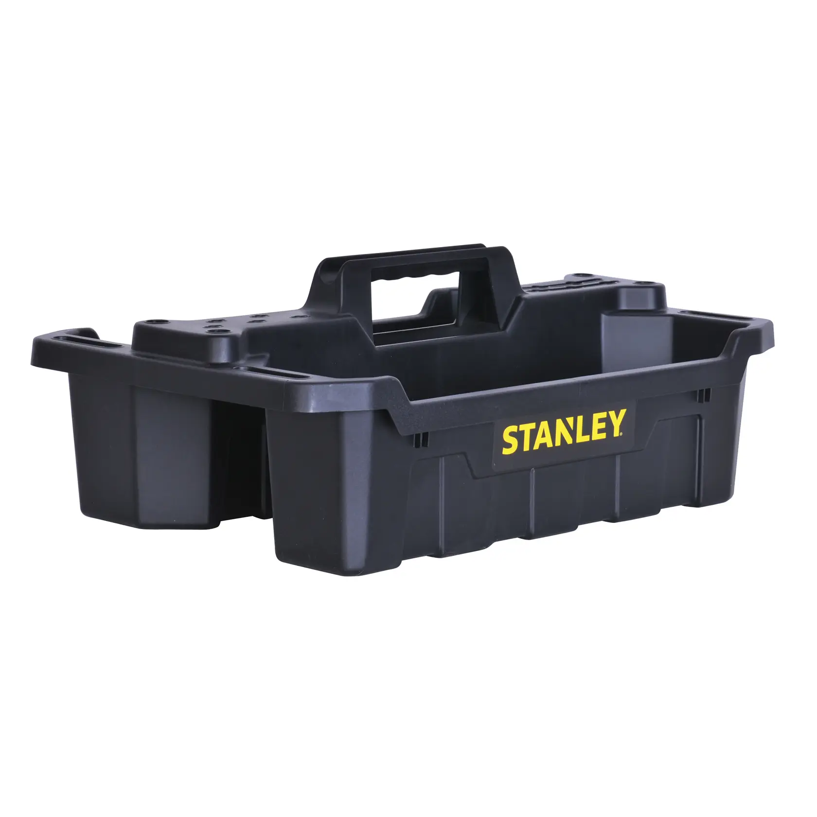 Stanley black plastic tool caddy with yellow logo, top angle on white background