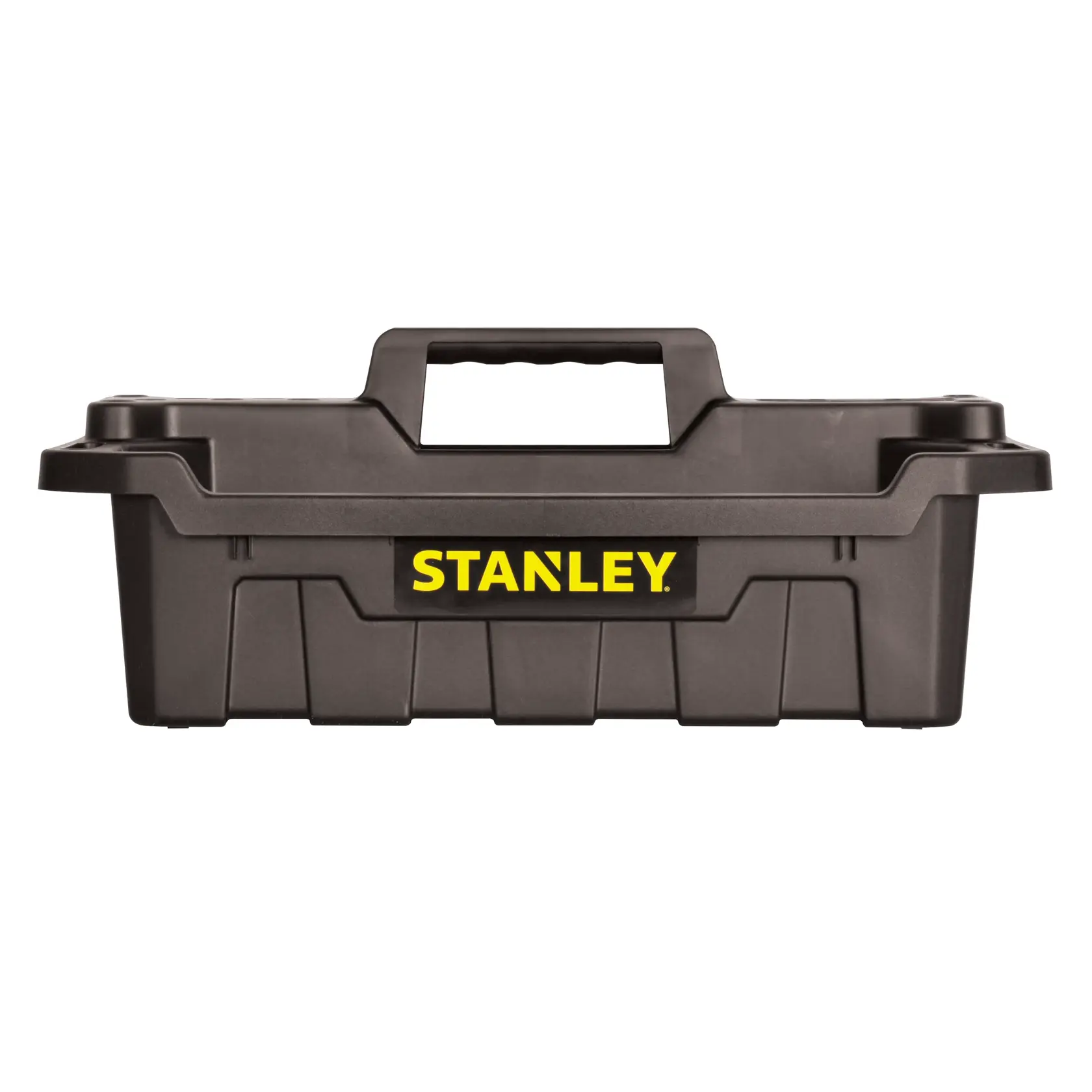Stanley black plastic tool box front angle with yellow logo, sturdy handle, and ribbed side panels.