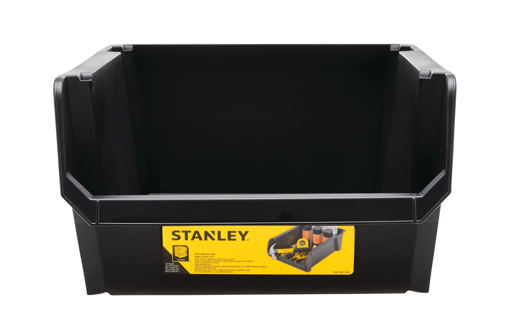 STANLEY STST55500 black plastic storage bin front angle on white background.
