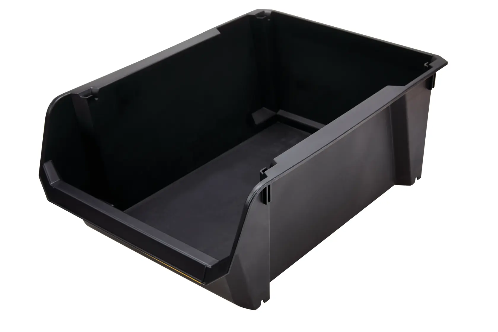 STANLEY STST55500 black plastic storage bin, front angle, open-top design, photography product.