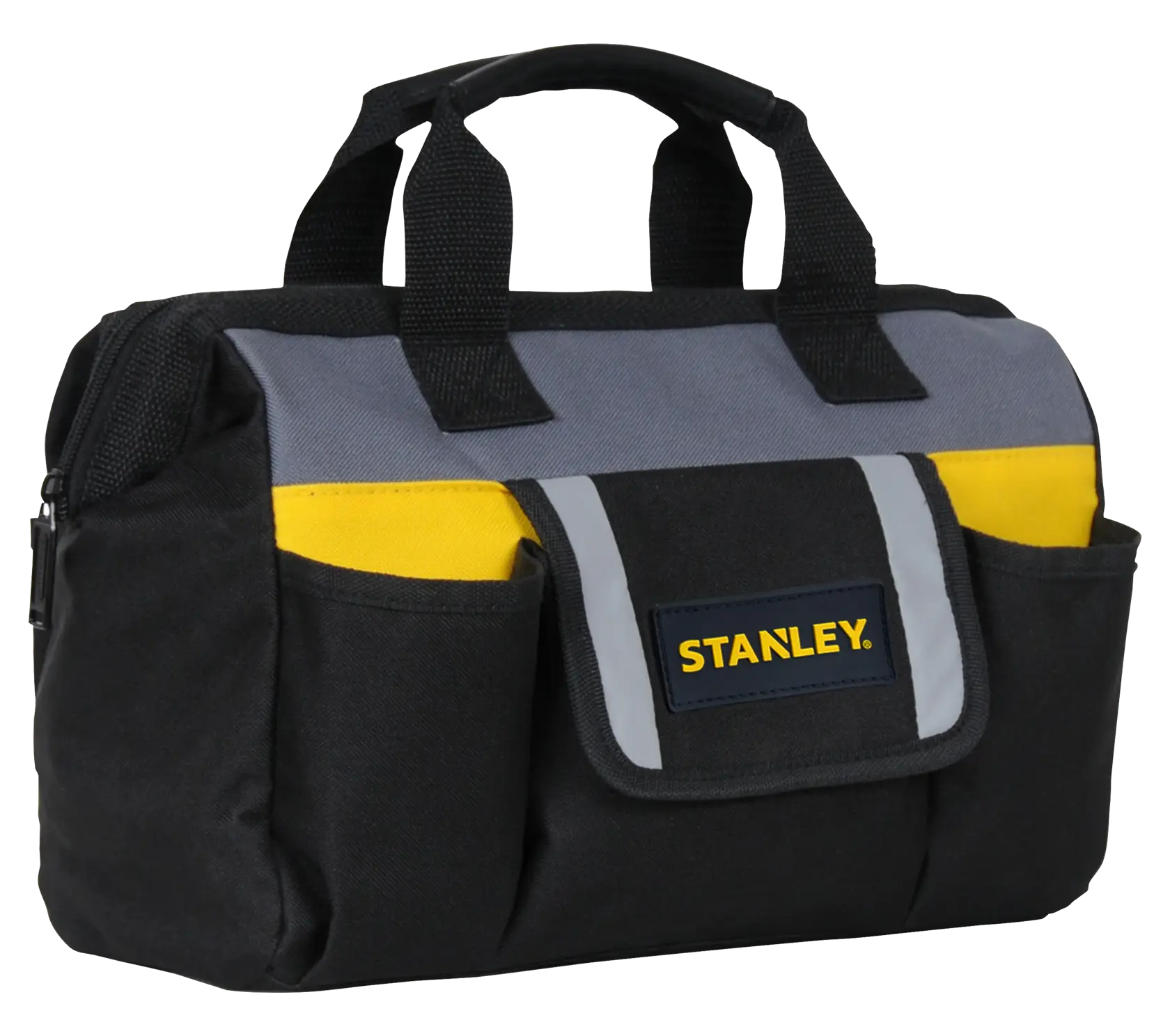 STANLEY tool bag, angled front view, black with gray and yellow accents, two handles, outer pockets, white background