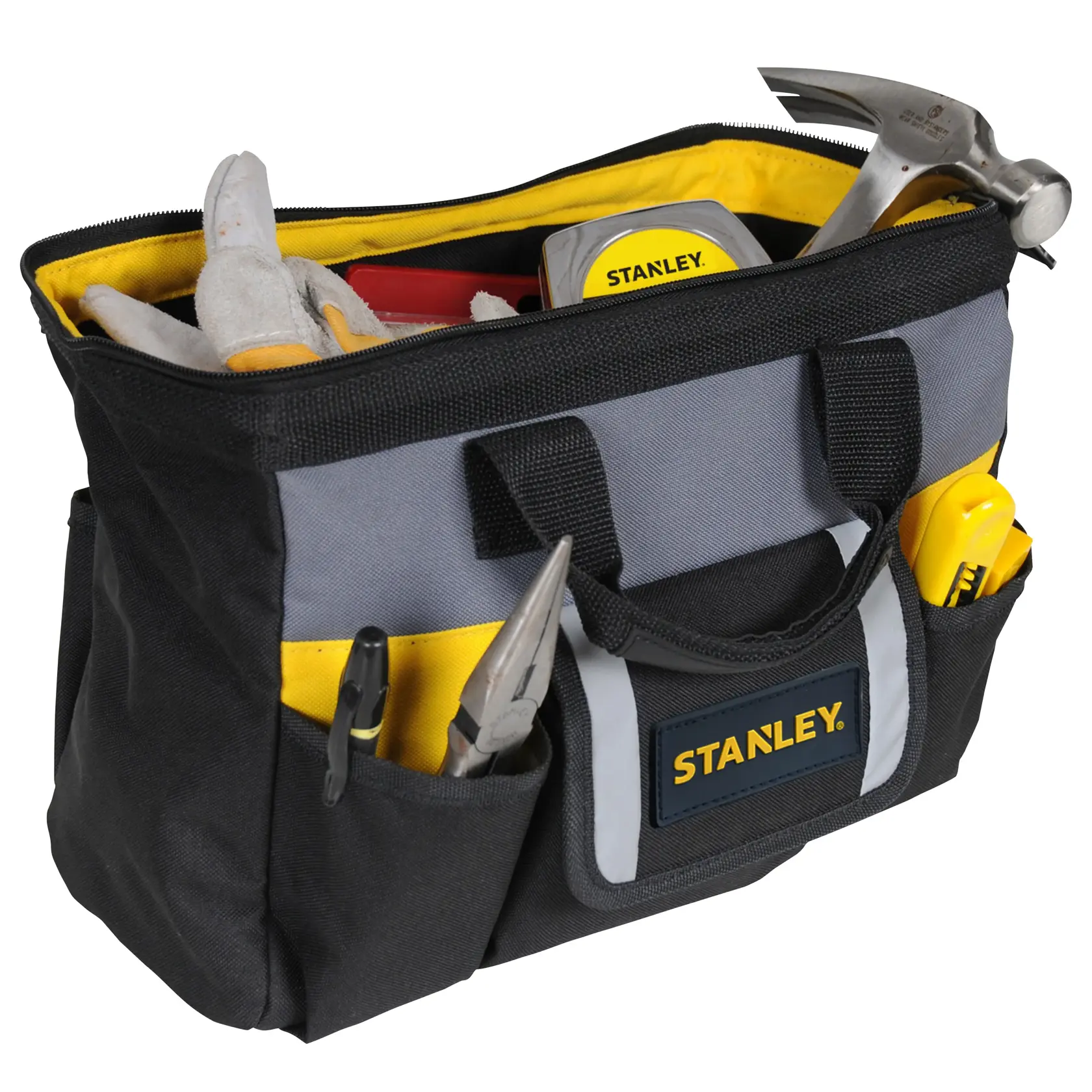 Stanley STST70574 tool bag with tools, black and gray, side angle photo.