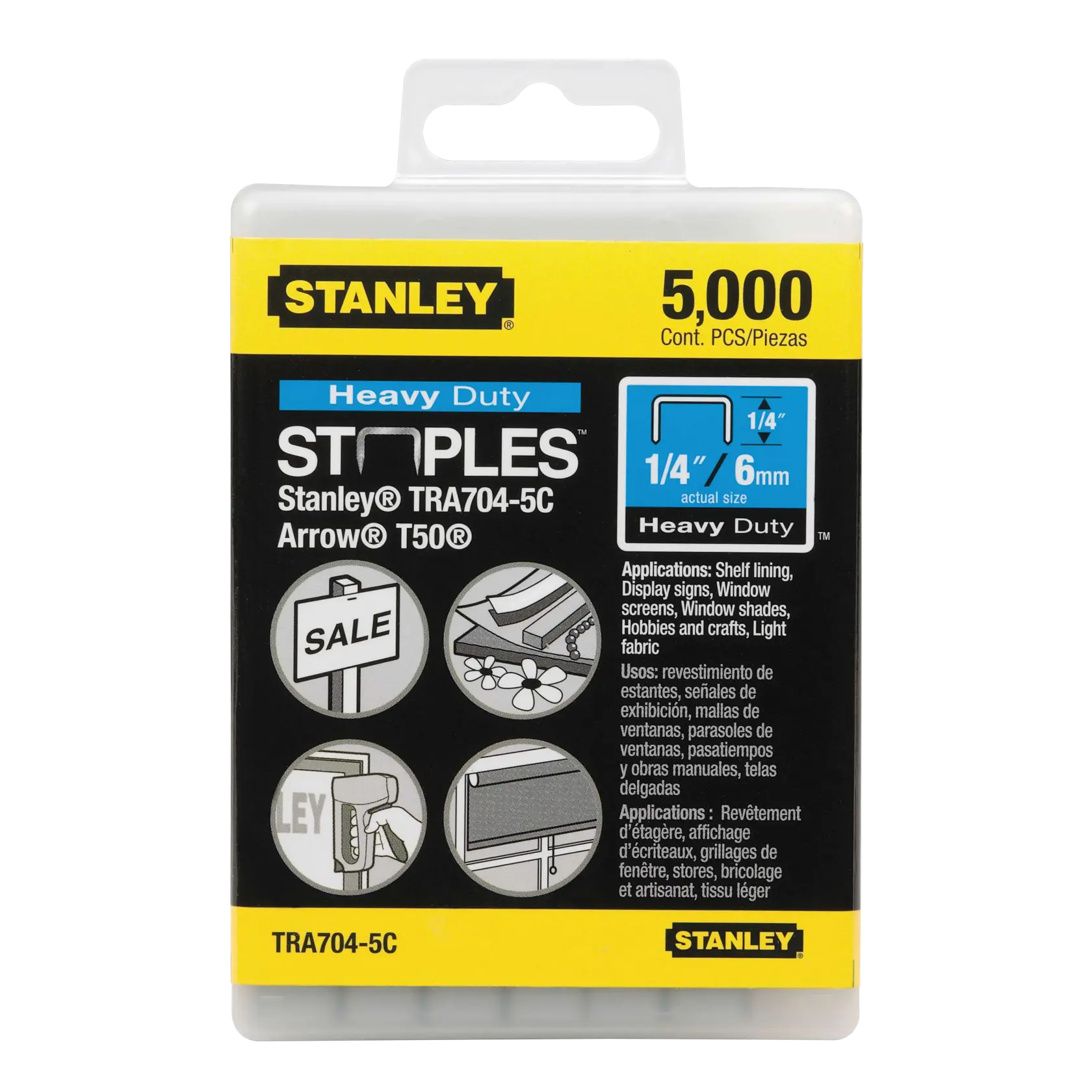 Front angle of Stanley heavy duty staples pack, TRA704-5C, 5000 count, for Arrow T50, 1/4 inch size.