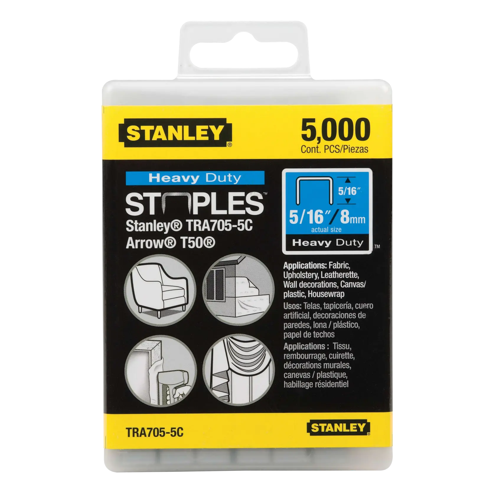Front angle of Stanley heavy duty staples pack, TRA705-5C, 5/16 inch size, 5,000 count, for upholstery and fabric use.